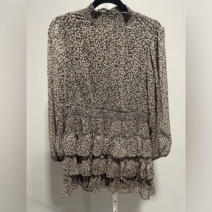 MSK Black and Cream Floral Ruffle-Tier Long Sleeve Dress